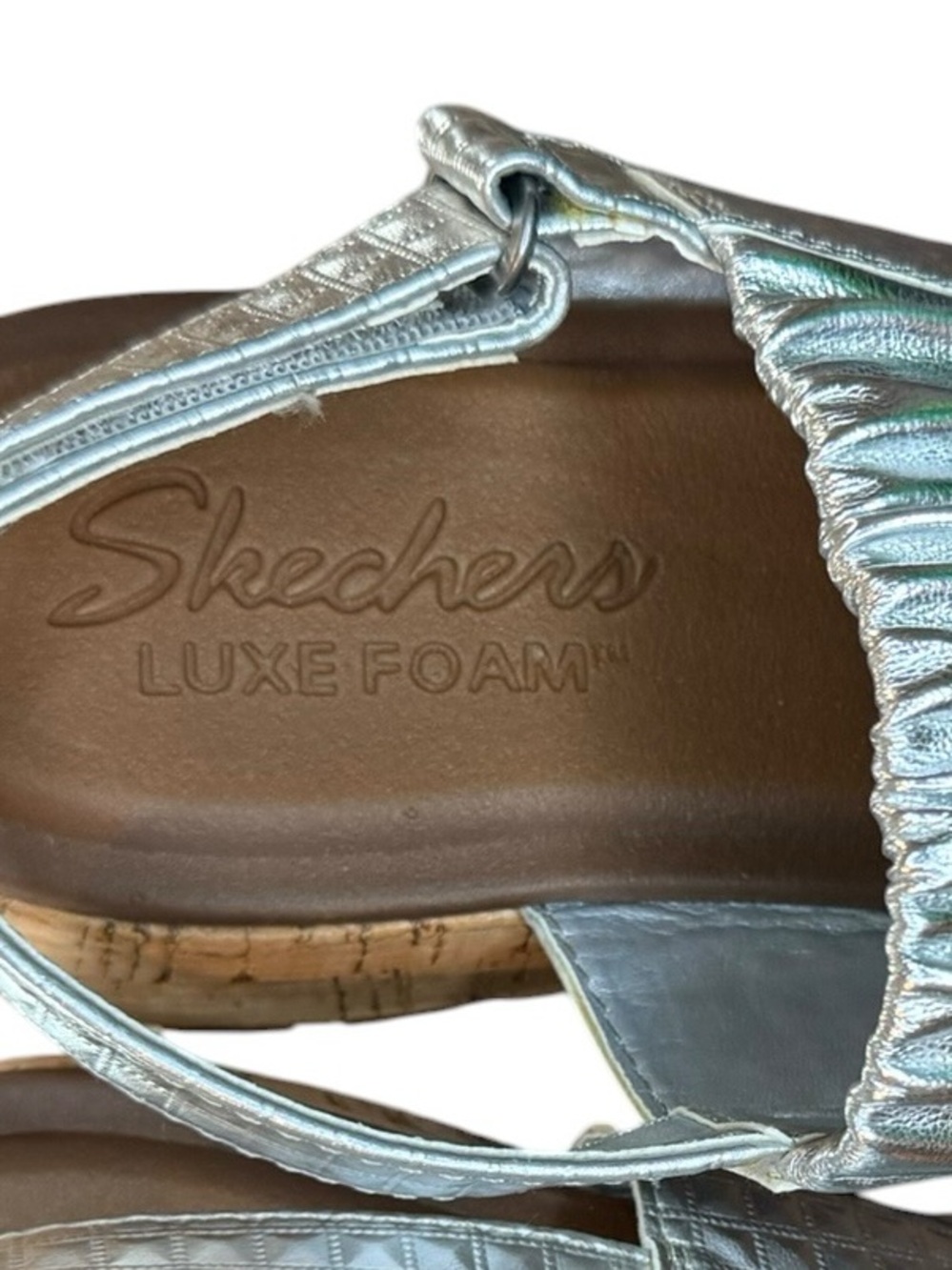 Skechers Luxe Foam Metallic Silver Ruched Woman's Cork Wedge Sandals Size 7 - Picture 2 of 9